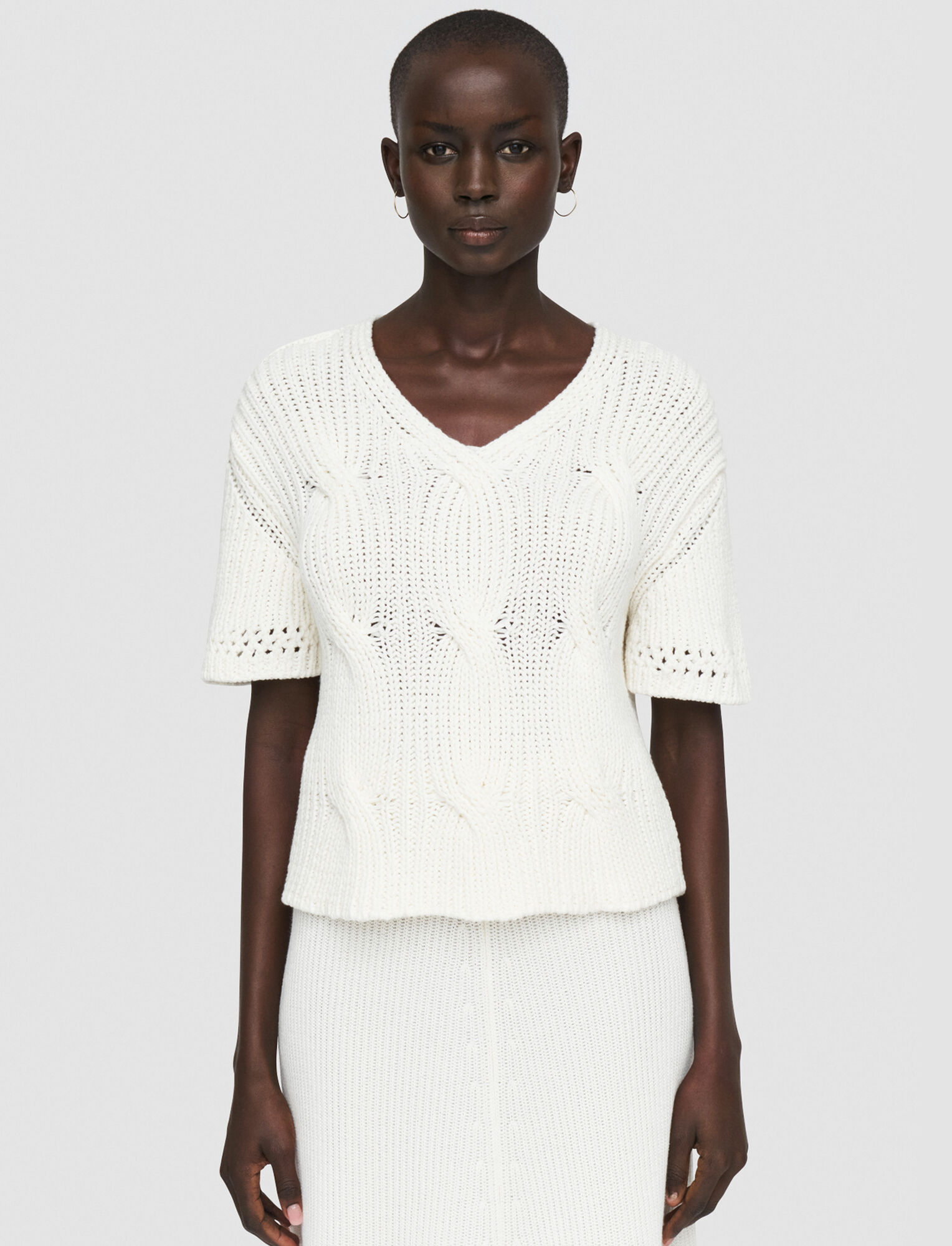 Joseph, Cotton Cable V Neck Top, in Ivory